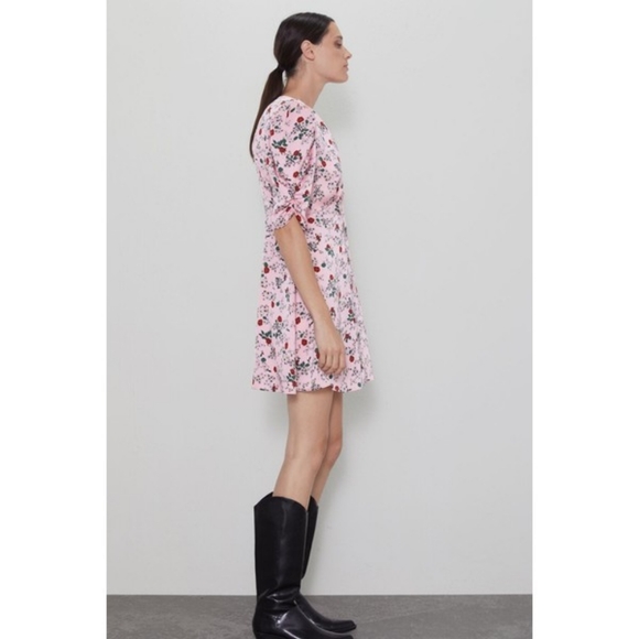 Satin Rose Floral Print Pink Mini Dress - Picture 11 of 12